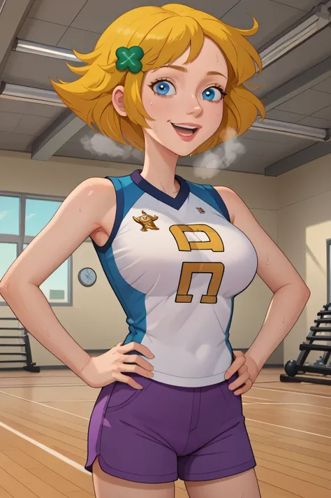 ((gymnasium background)),score_9, score_8_up, score_7_up,score_6_up,
1girl, Solo, SaraM_MM, light skin, bright blue eyes, golden blonde hair, short hair, pointed nose, green four-leaf clover hair clip, blue tanktop, black gym shorts, volleyball uniform, s...