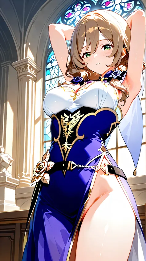 An anime-style illustration of Lisa from Genshin Impact, a young adult woman with long light brown wavy hair and emerald green eyes, wearing a short skirt with no panties, on a small hill in a medieval European-style city leading to a large cathedral with ...
