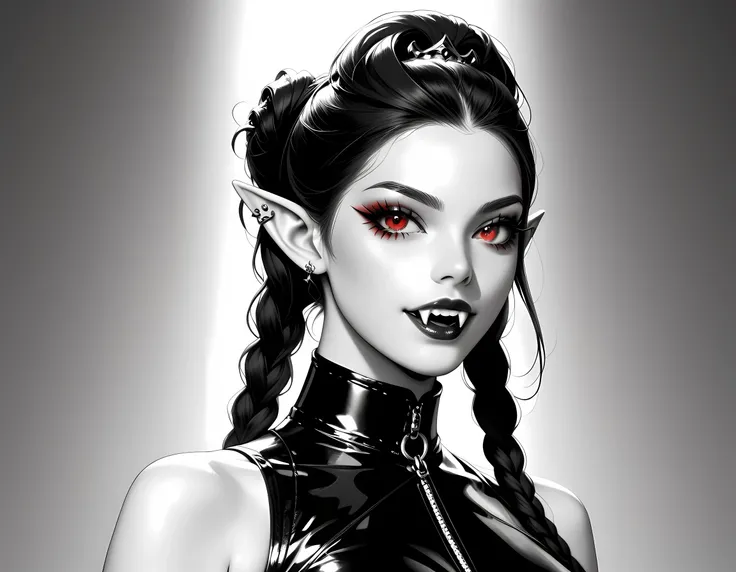 score_9, score_8_up, score_7_up, goth black and white anime portrait (only colors red and black, pink: 1.4), a picture of a goth elf dominatrix queen , best detailed face, small elf ears, long braided hair, hair pulled back, red eyes, small pointed ears w...
