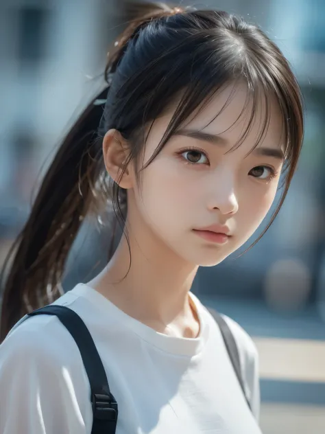 Sporty Girl, Dynamic Pictures , Black Hair, Long Hair, ponytail, bangs, Thready hairstyle/hair, Expressive Hair , Droopy eyes, Sad Eyes , Light-pigmented eyes, Drooping eyebrows, high definition, masterpiece, accurate, is anatomically correct, has w...