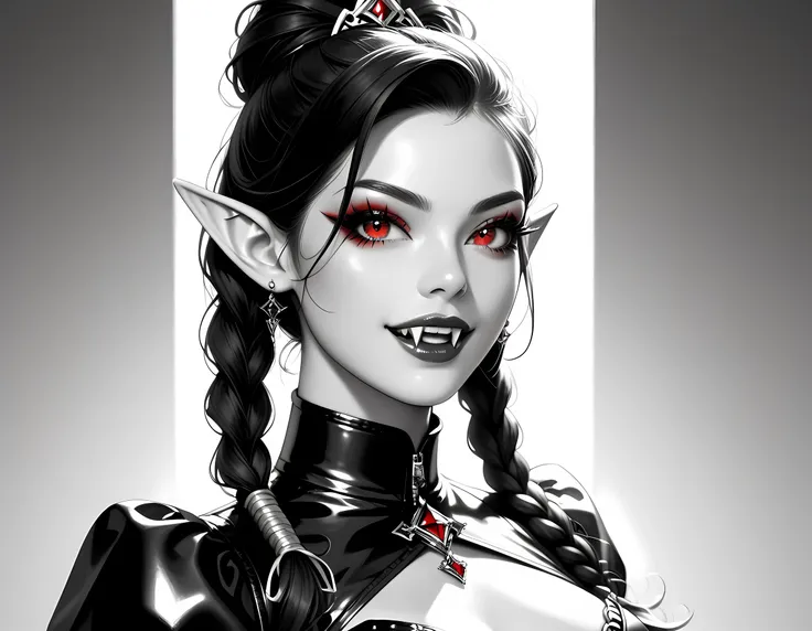 score_9, score_8_up, score_7_up, goth black and white anime portrait (only colors red and black and pink: 1.4), a picture of a goth elf dominatrix queen , best detailed face, small elf ears, long braided hair, hair pulled back, red eyes, small pointed ear...