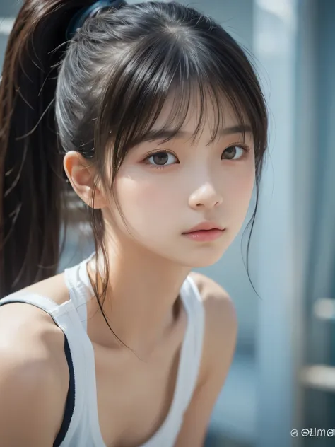 Sporty Girl, Dynamic Pictures , Black Hair, Long Hair, ponytail, bangs, Thready hairstyle/hair, Expressive Hair , Droopy eyes, Sad Eyes , Light-pigmented eyes, Drooping eyebrows, high definition, masterpiece, accurate, is anatomically correct, has w...