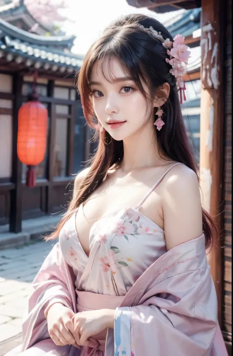 1girl, (ulzzang-6500:0.7), kpop idol, yae miko, detached sleeves, bare shoulders, pink hair, long hair, japanese clothes, best quality, (painting:1.5), (hair ornament:1.35), jewelry, purple eyes, earrings, breasts, torii, cherry blossoms, lantern light, ...
