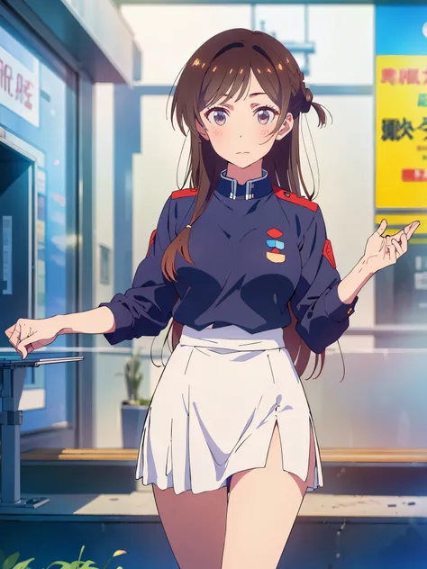 濃紺のwoman in uniform&#39;woman in uniform、  I witnessed a young man in a suit massaging his chest over his bra.。., (  touch the part that touches the chest,Subjective hand,   grabs breasts :1.3)、 bra ,  skirt ,  panties, underwear, (shiny light blue satin  ...