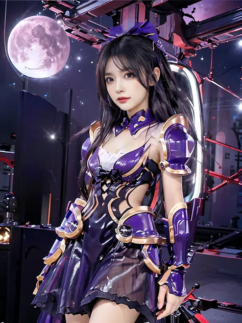 1 mechanical girl: 1.4,tohka\(dark\), (japanese girl 16 height 160 proportion 9:1 chest32 waist20 hip33 white skin purple hair), transparent latex dress, ,  on the side,  Sci-fi Backgrounds Realistic Backdrops, complex background,inside a spaceship in the ...