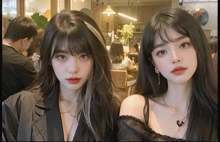 two women with long hair and black blouses sitting at a table, ulzzang, with the same hairstyle, Ella tiene el pelo negro with bangs, with bangs completo, Cabello largo with bangs completo, Pelo largo with bangs, beautiful gemini twins, with bangs, hair bl...