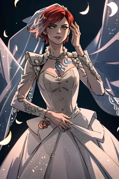 Lilith from Borderlands as a bride, wearing a backless, floor-length, long-sleeve ruffled tulle wedding dress in pure white. A delicate bridal veil covers her face, adding elegance and mystery. A hawk-shaped tattoo is visible on her back, just below her ne...