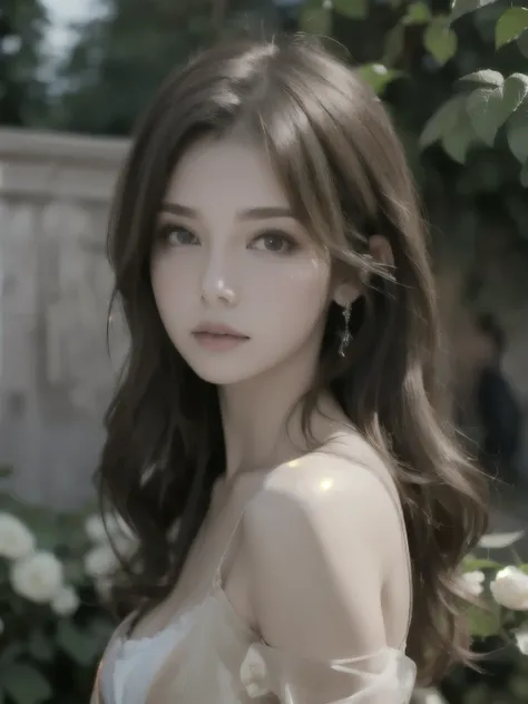 1girl, (looking at viewer:1.2), detail face, (a girl standing, rending on cgsociety, black shadows, Rose bush backdrop), romanticism, atmospheric, (RAW photo, best quality), (realistic, photo-realistic:1.3), masterpiece, an extremely delicate and beautiful...