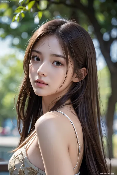 Photorealistic, masutepiece, Best Quality, Raw photo, 1girl in, Solo, Long hair, Brown hair, Detailed face, alluring face, , medium breasts, Dynamic Pose, Looking at Viewer, From below, Detailed background, fine detailed, intricate detailes, Ray tracing, ...