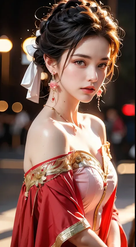 Best Quality, Masterpiece, Ultra High Resolution, (Realisticity: 1.4), Original Photo, 1girl, Pink Off-the-Shoulder, Cinematic Lighting