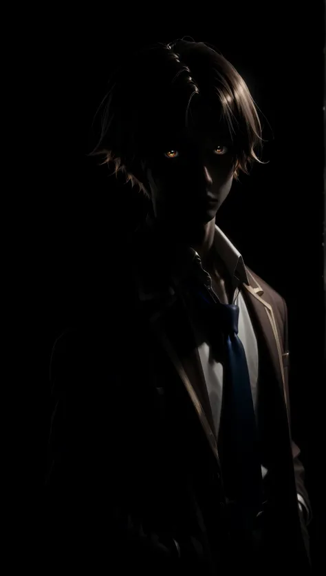 1boy, brown hair, brown eyes, calm eyes, short hair, bangs, parted bangs, school uniform, jacket, necktie, blue necktie, shirt, white shirt, collared shirt, looking at viewer, looking at viewer, very aesthetic, masterpiece, luminous eyes, cool calm gaze, r...
