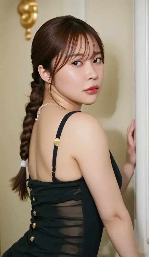  後ろ姿のbeautiful若い女性,  Gold, braided hair, beautiful, cute, plump lips from the hotel, happy, excited, trend , realistic, SUPER DETAILS, ((masterpiece)), (Movie Lighting), ((Lighting))  healthy body,  fit butt, thin waist in the video department , back shot