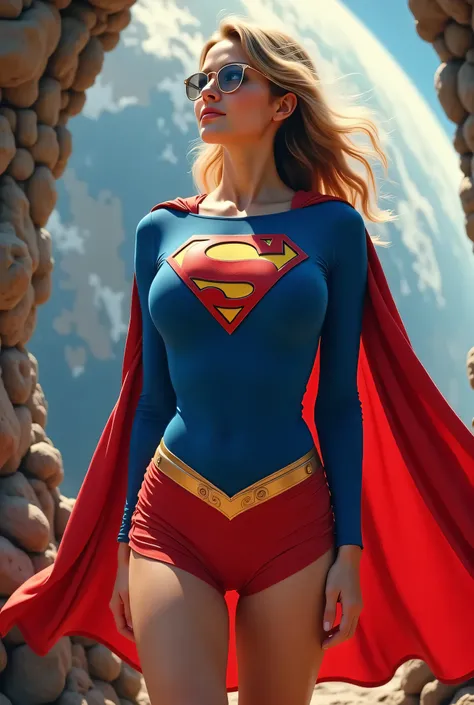 CUTE INNOCENT FACE, HAIR UP AND WEARING GLASSES STARING DOWN AT EARTH FROM SPACE (A SEXY 20-YEAR-OLD BLONDE FEMALE AS SUPERGIRL) A highly detailed and ultra-textured 8K high-resolution image of an iconic 1980s Supergirl costume. The outfit consists of a vi...