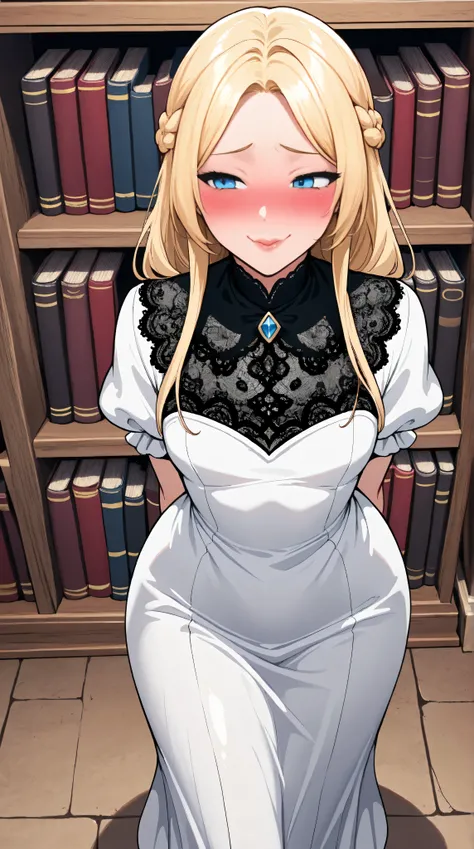 1male, femboy, 5 foot tall, long blonde hair, princess braid, lush lips, blue eyes, feminine adult face, cute expression, blushing slightly, white dress with black secondary colors, lace, submissive, fantasy library background, bookshelves