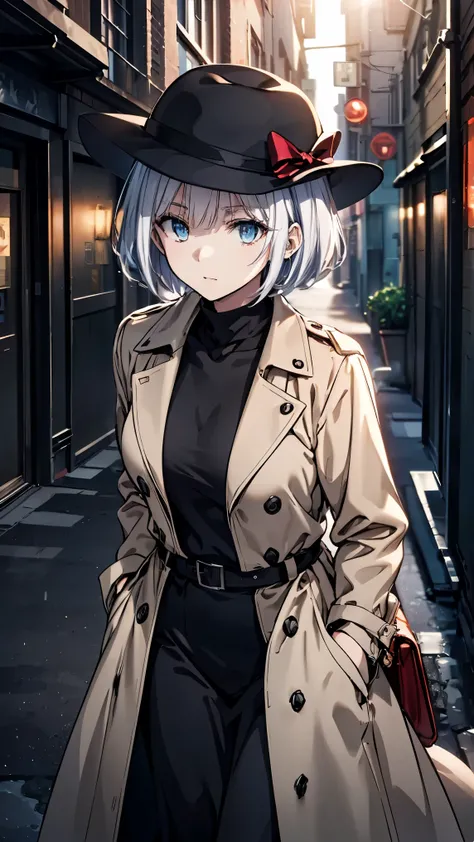 masterpiece, best quality, highly detailed, soft shading, cinematic lighting, beautiful composition, 8k, anime illustration, A woman in detective cosplay inspired by classic hardboiled noir fiction. She has a sleek brown bob haircut and wears a beige trenc...
