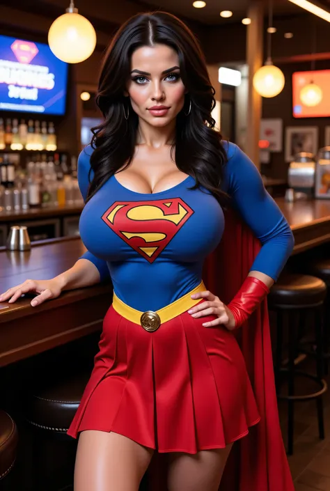 Incredibly sexy young innocentric mature superheroine, hyper-detailed blue eyes, beautiful Kryptonian superheroine, , blue eyes, wavy black hair, determined expression, red and blue costume, long sleeves, closed shoulders, red pleated skirt, yellow belt, r...