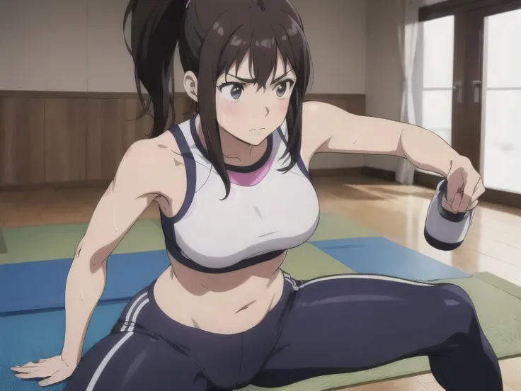 anime-style illustration of a sporty young woman with long dark brown hair in a high ponytail, exercising for weight loss, wearing a tight athletic outfit with a pink and black sports bra and black leggings, light sweat on her face and body, focused and de...