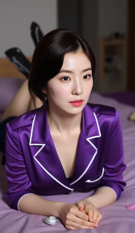a woman, on her stomach in the bedroom, shirt looks full body, eyes looking at camera , use purple satin material sleeping shirt, large breasts size G-cup depending, Visible cleavage, slim body, short hair black, horny face, red lips, bras and condoms str...