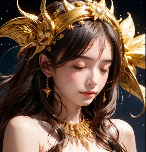 a beautiful woman in the storm at night, draped in cloak of golden stars, wearing gold masquerade face mask, closed eyes, cinematic lighting, (by (Daniel Mernagh) (Carne Griffiths) Monika Nowak), highly detailed
