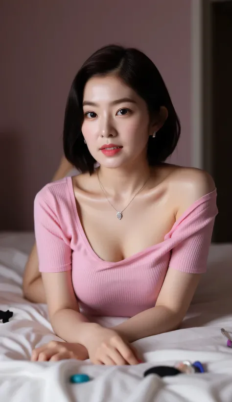 a woman, on her stomach in the bedroom, shirt looks full body, eyes looking at camera , use a pink V-neck model loose t-shirt, large breasts size G-cup depending, Visible cleavage, slim body, short hair black, horny face, red lips, bras and condoms strewn...
