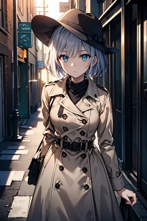 masterpiece, best quality, highly detailed, soft shading, cinematic lighting, beautiful composition, 8k, anime illustration, A woman in detective cosplay inspired by classic hardboiled noir fiction. She has a sleek brown bob haircut and wears a beige trenc...