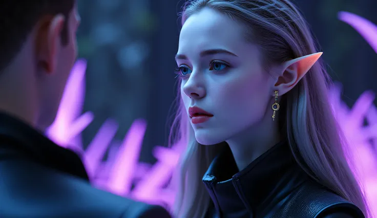 "Draw a cinematic sci-fi portrait of a beautiful alien woman with glowing starlight-colored skin, long flowing molten-silver hair, and luminous violet-gold eyes filled with ancient emotion. She has elegant, elongated elf-like ears that emphasize her extrat...