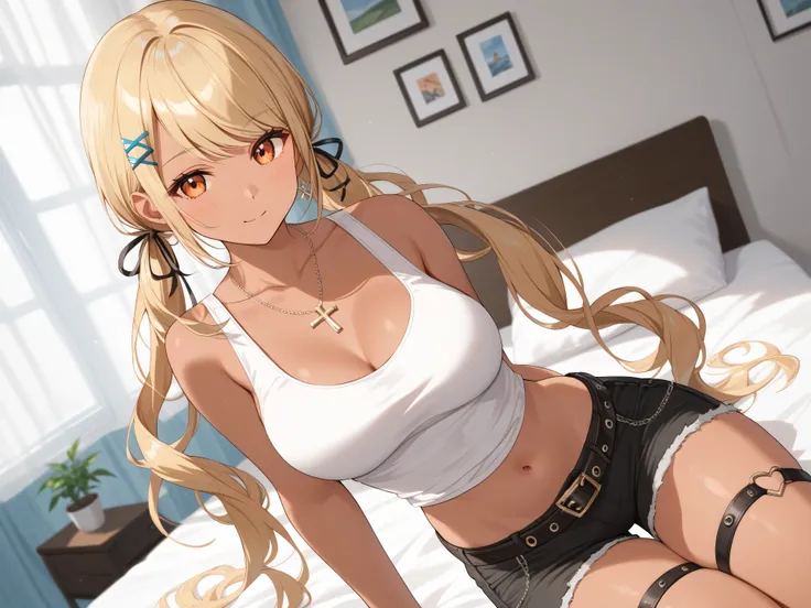 master piece、Best Quality,Super detailed,High resolution,score_9, score_8_up, score_7_up, score_6_up, score_5_up, score_4_up, QpiCas, orange eyes, dark skin, blonde hair, long hair, swept bangs, low twintails, x hair ornament, black hair ribbon, necklace, ...