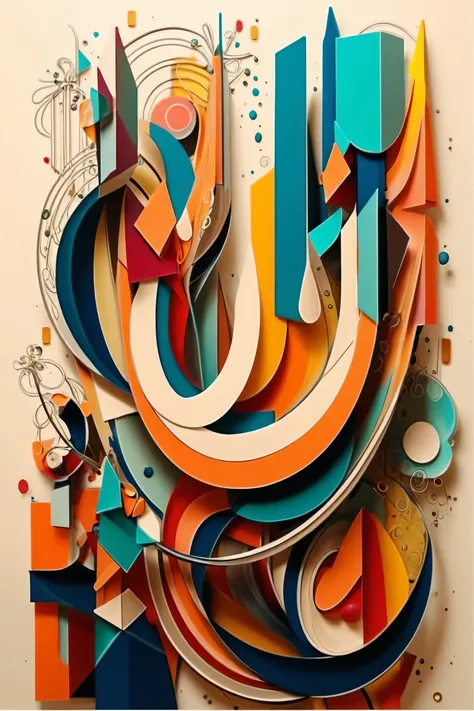 A high-resolution abstract artwork featuring a layered 3D paper sculpture style. Dynamic curved and geometric shapes intertwine, creating a sense of fluid motion and depth. Vivid colors including teal, orange, red, yellow, and off-white blend harmoniously....