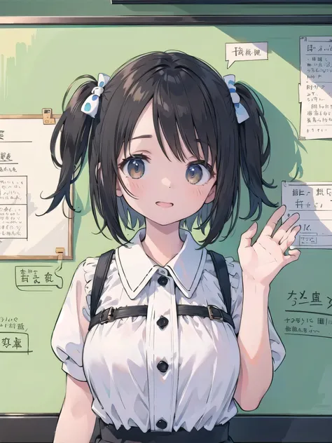 Top Quality、 masterpiece、 happy smile、8k、is extremely fine、 Straight Black Hair 、1girl、Charming and cute poses、bust up、newscaster、 news program、Age 25、Big Breasts、 in front of whiteboard