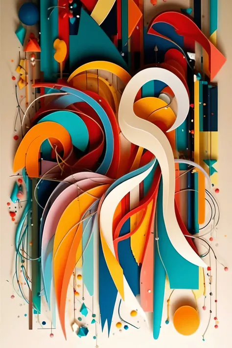 "An intricate and colorful 3D abstract paper sculpture artwork. The composition features layered, folded, and curled paper-like structures, with smooth flowing curves and geometric elements. Dominant colors include bright teal, deep red, burnt orange, vibr...
