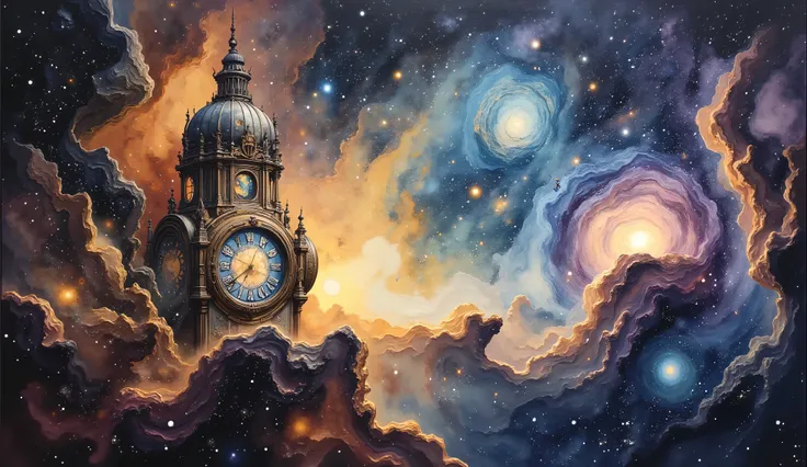 A celestial cartographer meticulously charts the constellations from atop a colossal, ornate clockwork tower that pierces the swirling nebulae. The tower is adorned with stained glass windows depicting various zodiac signs, casting colorful patterns across...