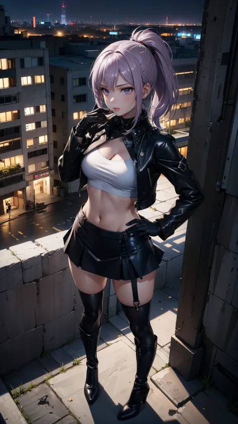 (masterpiece, best quality, detailed), a chic, Alone, standing, ((seen from above)), (( girl against the wall)), ((Hands touching the hips)), ojos detaileds, purple eyes shirt, Lavender hair short ponytail, Love, medium breasts, sensual lips, ((harness on ...