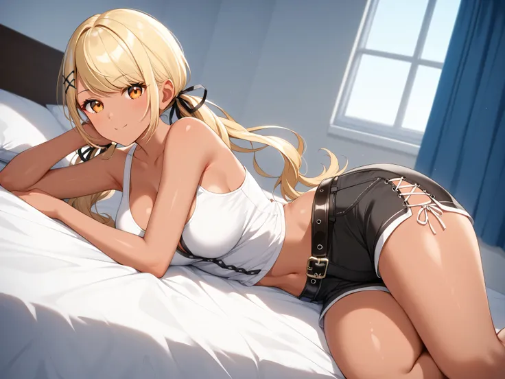 master piece、Best Quality,Super detailed,High resolution,Extremely detailed CG,Unity 8K Wallpaper,weat,score_9, score_8_up, score_7_up, score_6_up, score_5_up, score_4_up, source_anime,QpiCas, (orange eyes), dark skin, blonde hair, long hair, swept bangs, ...