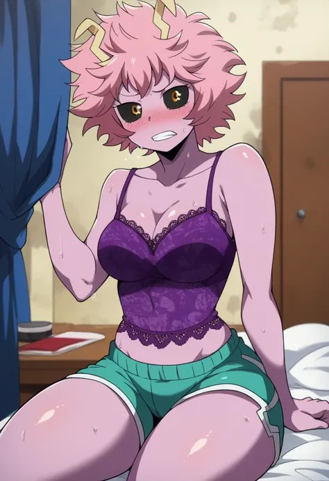score_9, score_8_up, score_7_up, score_6_up, score_5_up, score_4_up, masterpiece, high quality, BREAK, BREAK, 1girl, minaashido, 1girl, purple lace camisole, purple lace dolphin shorts, pose,, looking at viewer, nose blush, shiny legs, shiny body, shiny ha...