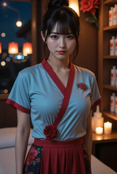 Highest quality, photo realistic, high resolution, masterpiece,
Super beautiful Japanese mature woman, 50years old, her job is a masseuse, looks like a intimidating dominatrix, closed mouth, condescending gaze, charm with gaze, staring at the viewer, long ...