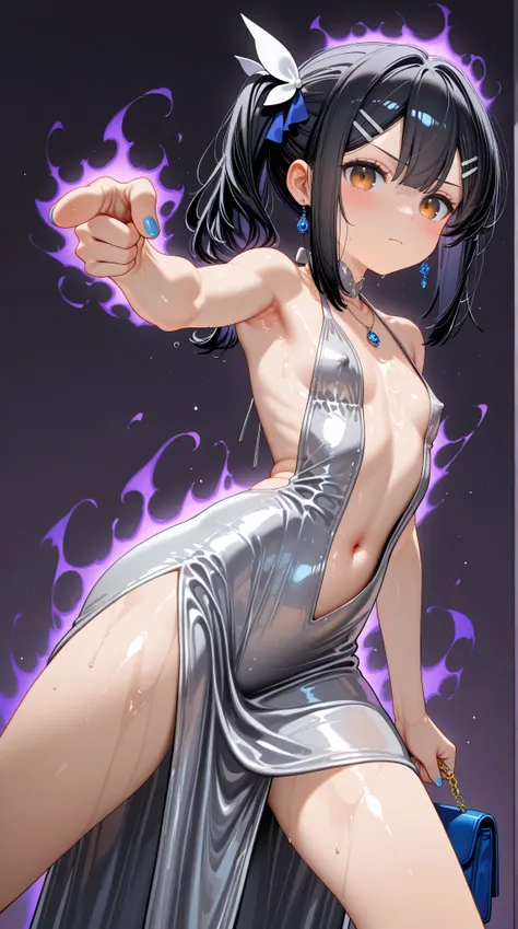 1girl,(Miyu Edelfelt),loli,toddler,petite,cute face,black hair,brown eyes,serious,solo,colored skin,erect nipples, jewelry, dress,necklace, bangs,x hair ornament, bare shoulders, side ponytail, halterneck, plunging neckline, sidelocks, halter dress, backle...
