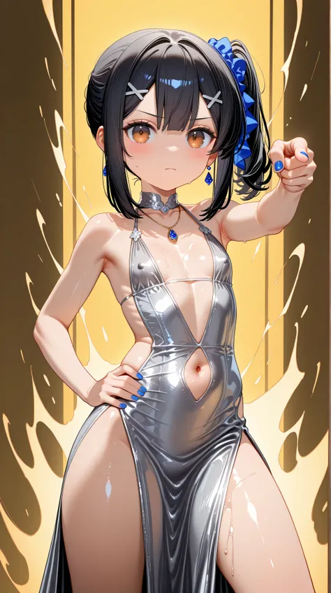 1girl,(Miyu Edelfelt),loli,toddler,petite,cute face,black hair,brown eyes,serious,solo,colored skin,erect nipples, jewelry, dress,necklace, bangs,x hair ornament, bare shoulders, side ponytail, halterneck, plunging neckline, sidelocks, halter dress, backle...