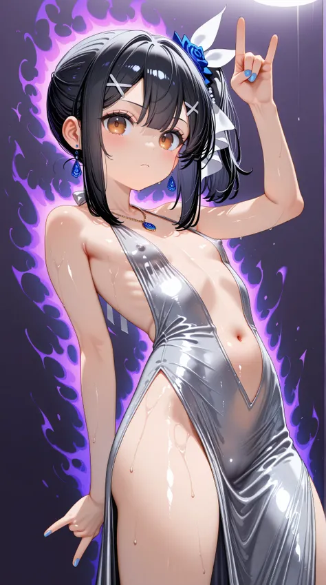 1girl,(Miyu Edelfelt),loli,toddler,petite,cute face,black hair,brown eyes,serious,solo,colored skin,erect nipples, jewelry, dress,necklace, bangs,x hair ornament, bare shoulders, side ponytail, halterneck, plunging neckline, sidelocks, halter dress, backle...