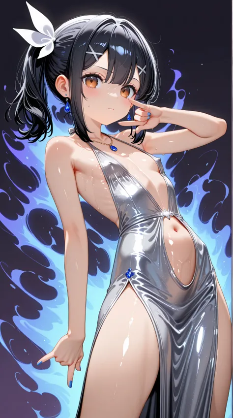 1girl,(Miyu Edelfelt),loli,toddler,petite,cute face,black hair,brown eyes,serious,solo,colored skin,erect nipples, jewelry, dress,necklace, bangs,x hair ornament, bare shoulders, side ponytail, halterneck, plunging neckline, sidelocks, halter dress, backle...