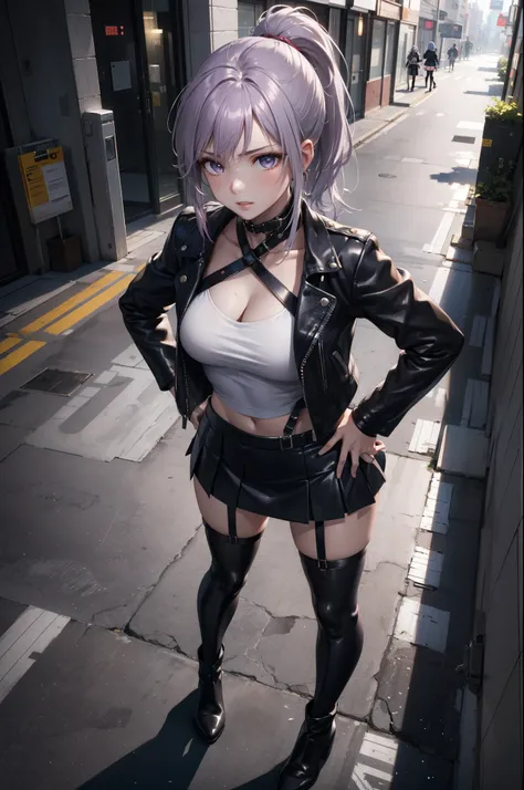 (masterpiece, best quality, detailed), a chic, Alone, standing, ((seen from above)), (( girl against the wall)), ((Hands touching the hips)), ojos detaileds, purple eyes shirt, Lavender hair short ponytail, Love, medium breasts, sensual lips, ((harness on ...