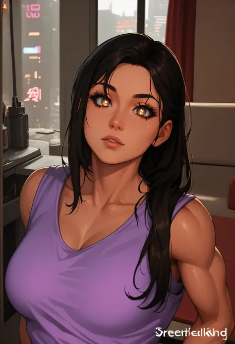neon light in city, 1girl, ponytail, black hair, light brown eyes, tank top, purple tank top, large breasts, abs, muscles, detailed pupils, cyberpunk, neon light, dark