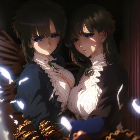 violet evergarden, anime girls with big breasts posing in fashionable clothes at street, oppai, wlop and sakimichan, oppai proportions, two beautiful anime girls(violet evergarden and yuki yokoya), big breasts!, big breasts!!, anime girls, with a large bre...
