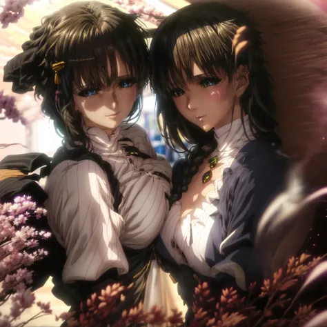 violet evergarden, anime girls with big breasts posing in fashionable clothes at street, oppai, oppai proportions, two beautiful anime girls(violet evergarden and yuki yokoya), big breasts!, big breasts!!, anime girls, with a large breasts, twintails, beau...