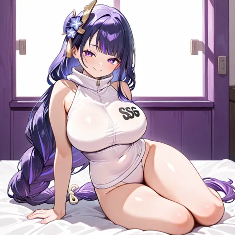 masterpiece, best quality, very aesthetic, absurdres, safe, raiden shogun, beautiful purple eyes ,long braided hair, long purple hair , one mole under eye, Nami costume , She is wearing a simple white top that has large, block letters reading "SSG" on the ...