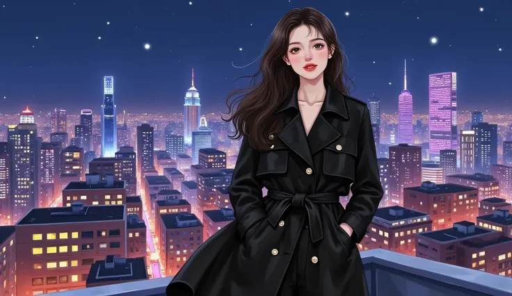 A confident and powerful modern woman standing on a rooftop at night, city skyline glowing with neon lights behind her. She wears a stylish black trench coat, wind blowing her long hair, eyes cold and determined. Her expression is calm but sharp, like some...