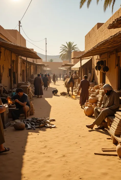 A cinematic scene set in 6th-century Yathrib (later Medina), during the hot midday sun. The camera captures a busy ancient marketplace filled with men working hard under the blazing heat. On one side, a blacksmith’s shop is active, with sparks flying as a ...