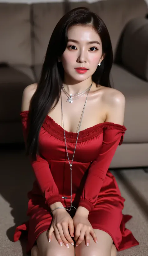 a woman, kneeling in the living room, wrist tied with chain, chain ties wrist to floor, shirt looks full body, body facing the camera, eyes looking at camera , the neck is tied with a rope to the floor, using a red satin nightgown, big breasts the size of ...