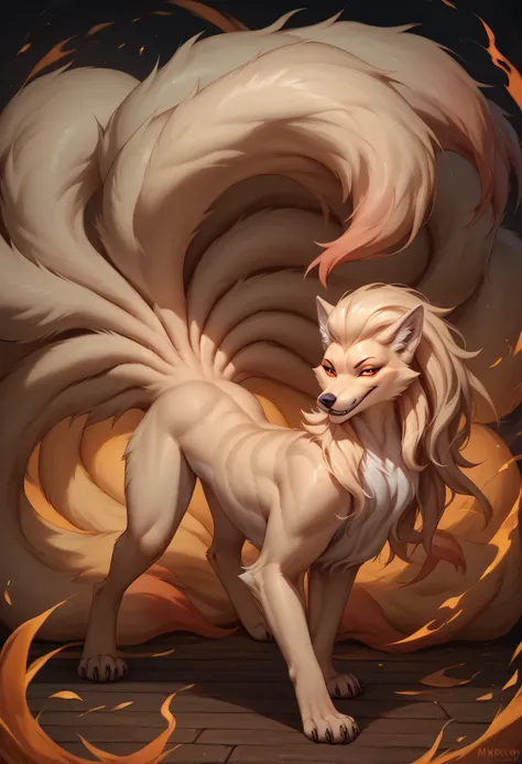 solo, 1female, furry, ((feral, ninetales)), smug grin, looking at viewer, pinning viewer down, badass, full body, seductive pose, three quater view, back view, ghostflame, detailed background