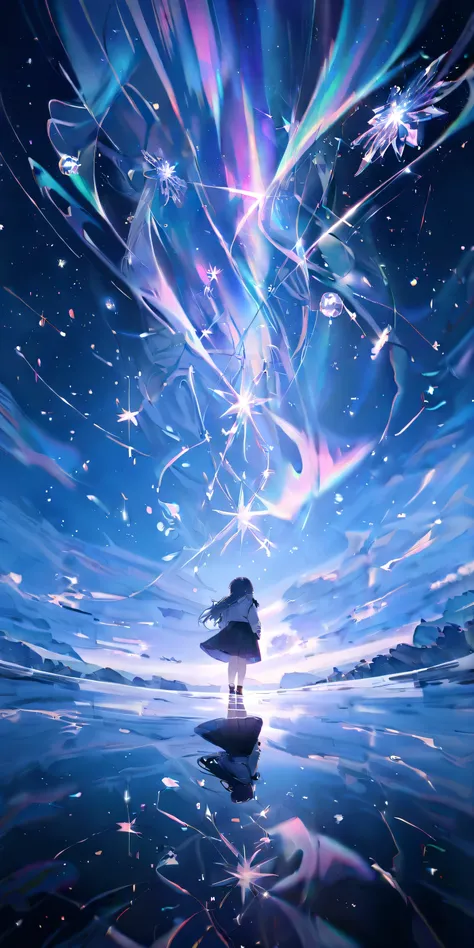 1girl\(cute,,chibi,student, young, hair\(short,silver,floating\), cosmic eyes, pale skin, (looking up:1.2)\). BREAK .(crystal clear bubbles\(shining prism,in the sky\), beautiful universe, (photo-realistic huge beautiful colorful aurora:1.2),high color sat...