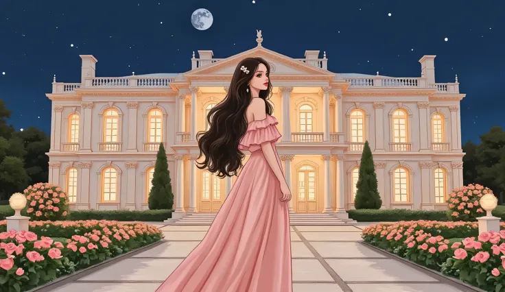 A powerful and elegant modern woman standing confidently in front of a luxurious mansion that resembles a grand palace, at night. The architecture is grand and glowing under the moonlight and warm lights. She wears a flowing, high-fashion evening gown in s...